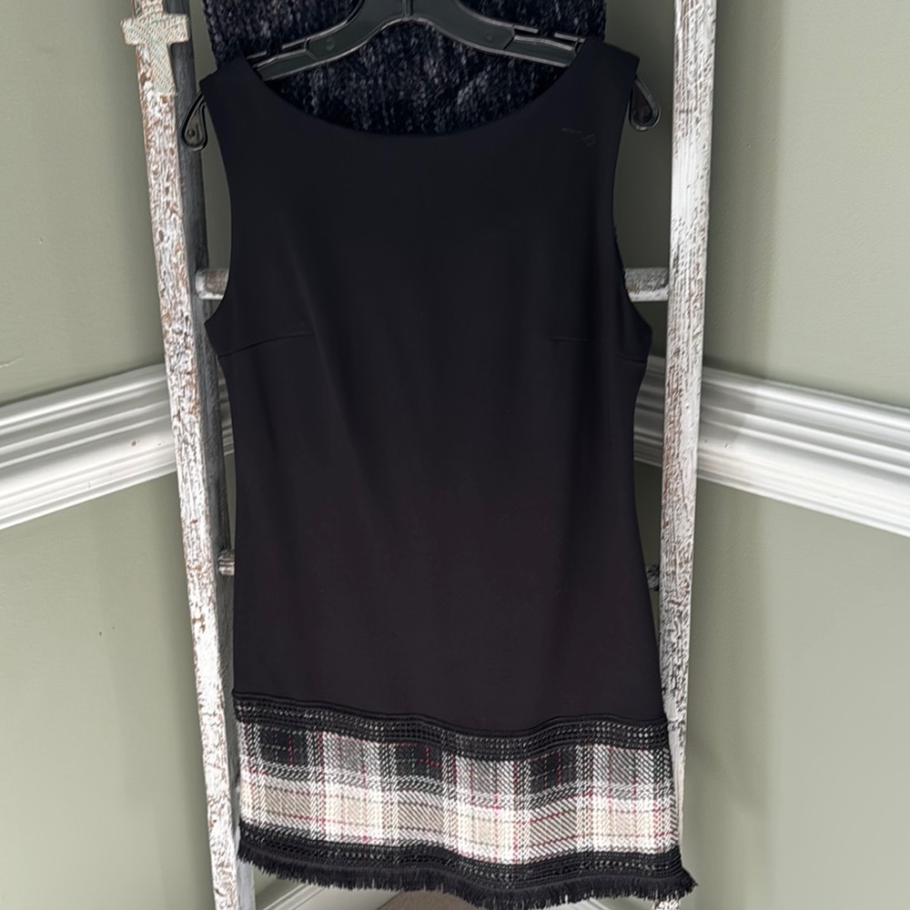 Elegant Black Mini Dress with Plaid Hem